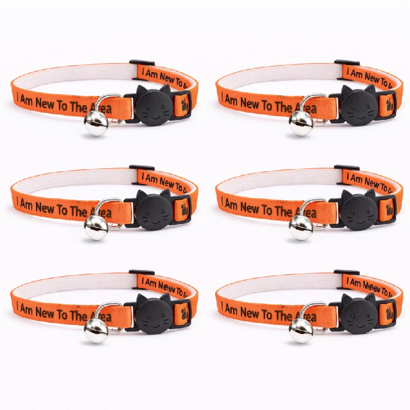 Worded Cat Collars β Please Do Not Feed Me, I Am Microchipped | Safe Quick Release Breakaway Buckle | Zacal Cat Collars (Pack of 6, Orange, I Am New To The Area)