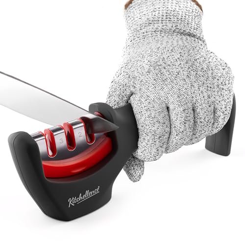 Image of 4-in-1 Kitchen Knife Accessories: 3-Stage Knife Sharpener Helps Repair, Restore and Polish Blades and Cut-Resistant Glove