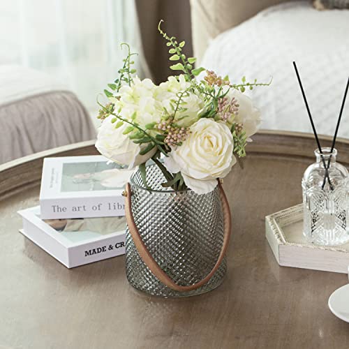 Mygift Artificial White Rose Bouquet Fake Flower Arrangement With Embossed Gray Glass Vase And Decorative Brown Leatherette Handle, Tabletop Centerpiece #TOP1