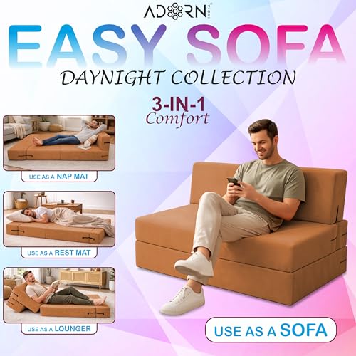 Adorn India Easy 3 Seater Sofa Cum Bed | Velvet Fabric | Tan | Plain Design | 6x5 Ft | Comfortable Seating | Washable Cover | Perfect for Home & Office - image 3