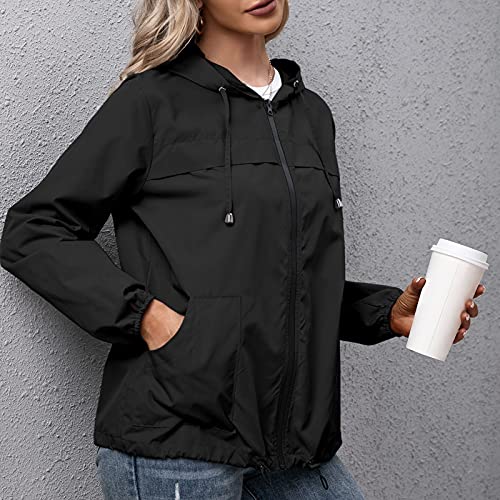Staright Casaco feminino com capuz impermeável manga longa elástica bainha bolsos corta-vento com zí