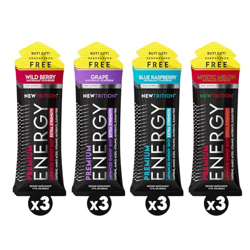 Image of NewTrition Extra Strength Energy Shots 1.7 fl oz - 250mg Caffeine with B Vitamins & Amino Acids, Sugar-Free Zero Calorie Vitamin Energy Drink for Focus & Endurance (Pack of 12, 4 Flavors - Mixed 1)