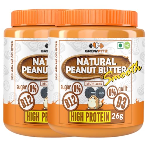 Image of Growfitz Natural Peanut Butter Smooth | Vegan | Unsweetened | High Protein + Vit B12 + D3 & Calcium | Boost Muscles, Brain & Bones | 100% Pure, Non-GMO, Gluten-Free, Cholesterol-Free (Natural Smooth - Pack of 2)