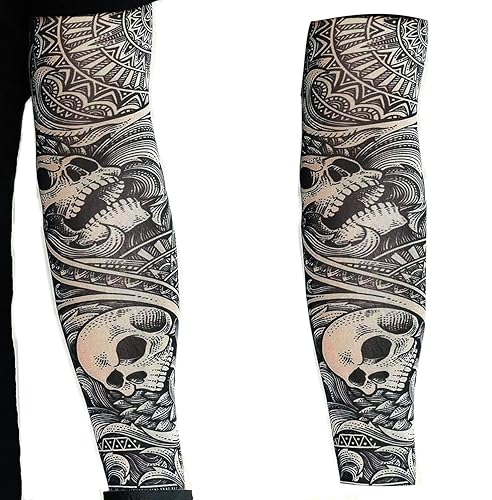 Tatodays 2 x Manga de tatuaje temporal para hombre Calaveras rockstar punk bromas falsas medias de halloween biker rocker slash goth skull adultos disfraz nylon disfraces 80s disfraz mordaza broma