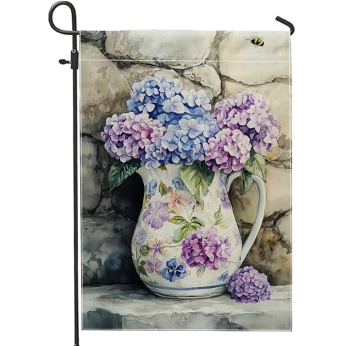 Bandera de jardín de hortensias de primavera y verano, pancarta decorativa floral violeta y azul, bandera de patio de doble cara, decoración del hogar y exteriores, hermosa exhibición de jardín de 12