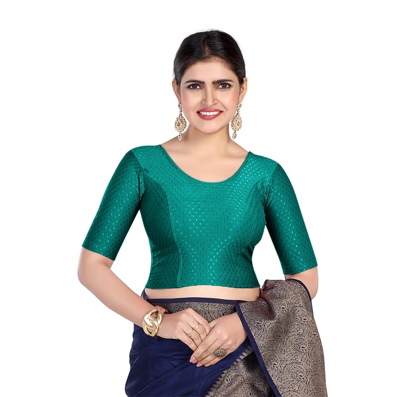Image of FINESTFIT Round Neck Stretchable Elbow Sleeve Readymade Saree Blouse for Women, 100% Cotton Dobby Fabric