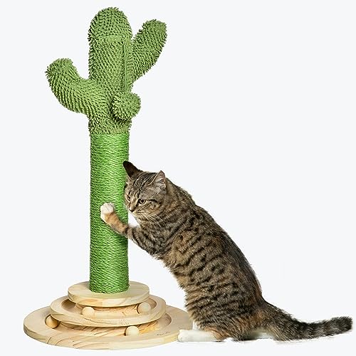 PawHut Cat Tree Cactus Sisal Scratching Post for Indoor Cats Play Tower Kitten Furniture with Hanging Ball Interactive Fun Roller Exerciser 32 x 32 x 60cm