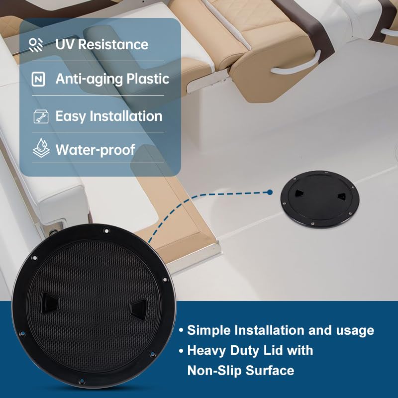 Boat-Ready Black Round Non-Slip Inspection Hatches - Sizes 4", 6", 8" with Detachable Cover - ABS Plastic Screw out Access Hatch Cover for Kayak, Yacht, Marine Accessories