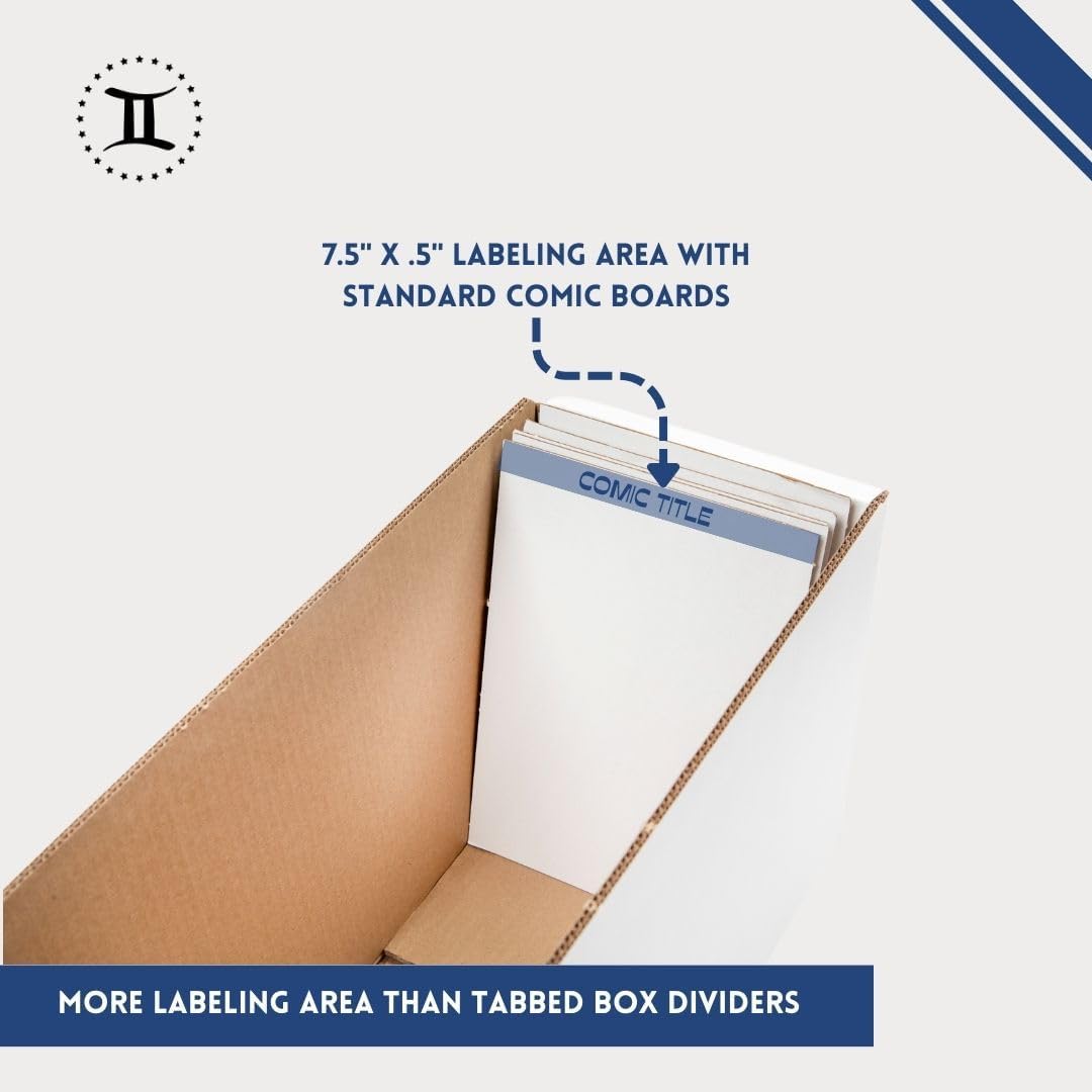 Thick-Grip Short Comic Storage Box with Dividers | 1 Box with Lid + 50 Cardboard Dividers | Heavy Duty Folding Design - No Glued Seams | Holds 130-170 Comics | Premium Gemini Comic Book Storage Boxes