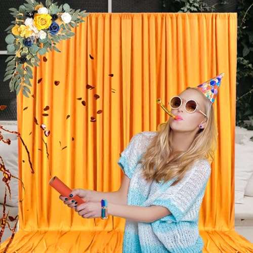 Image of 10 x 7 Feet Yellow B Backdrop Curtain for Partie, Background Curtains for Photoshoot, Birthday, Wedding, Halloween, Thanksgiving, Christmas, New Year Party Decorations 5Ft x 7Ft, 2 Panels
