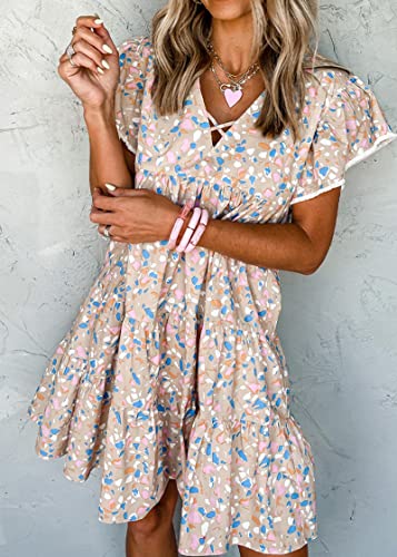 Kirundo Women's 2023 Summer Casual Dresses Ruffle Short Sleeve Floral Printed Crisscross Decor V Neck Babydoll Mini Dress(Floral-Khaki, Small) #TOP2