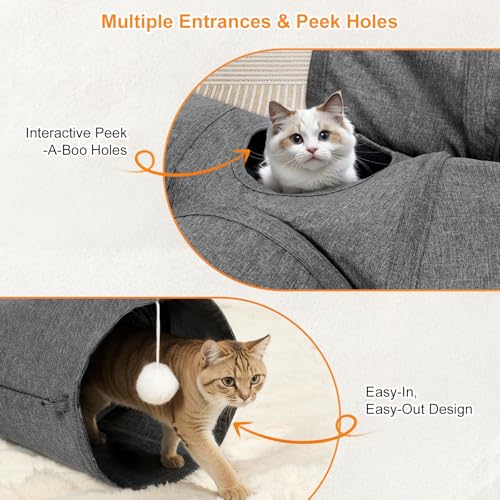 Image of Ownpets Cat Tunnel Large 3 Way Collapsible Cloth Pet Tunnel Tube with Plush Ball & Feather Toy, U-Shaped Cat Play Tunnel for Indoor Cat, Puppy, Kitty, Kitten, Rabbit(Gray)