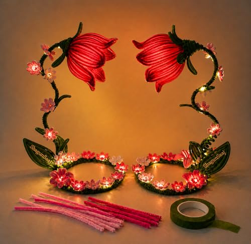 Image of ShagunSaaj Pipe Cleaner Flower Showpiece with LED DIY Kit for Adult & Kids Craft DIY, Aesthetic Home Decor, Office Desk Decor, Personalised Gifting, Non Withering Flowers (Red)