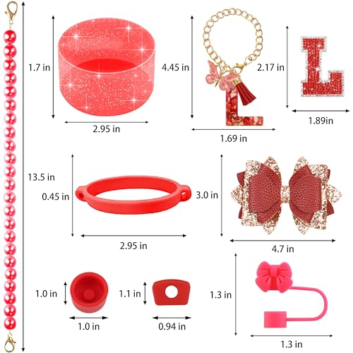 Hpebl 9PCS Red for Stanley Cup Accessories Set Bling Initials Bow Charms for Stanley Decorations 30/40 Oz Tumbler Accessories Including Bow Straw Topper, Handle Strap, Spill Stopper（Letter L） - image 3