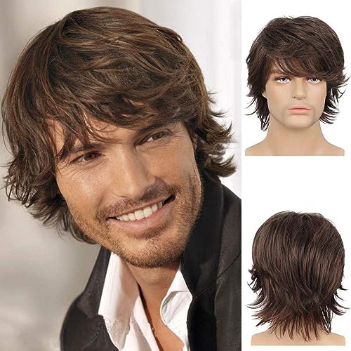 Perruque brune pour homme de haute qualité avec des cheveux synthétiques moelleux