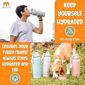 Miracle pets portable dog water bottle with bowl attached 32oz wsleeve stainless steel water bottles for sports hiking  easy handle dog travel accesories portable dog bowl maya blue cleaning brush   cucciolini doodles