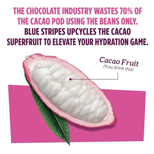 Image of Blue Stripes Passion Fruit Cacao Water - Hydration Drink with Natural Electrolytes & Antioxidants | Cold Pressed Cacao Juice, Fruit Juice & Water | No Sugar Added & Plant Based | 10 Fl Oz (12 Pack)