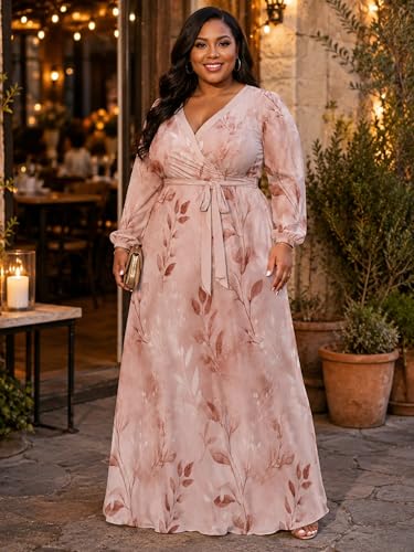 Image of PinkPatty Women's Long Sleeve Maxi Dress Plus Size Casual V Neck Wrap Dress with Pockets&Belt