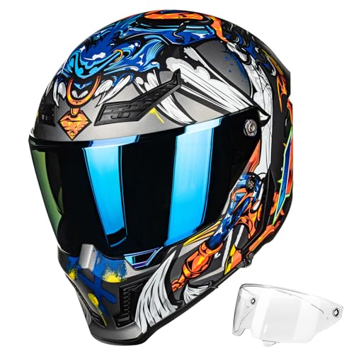 Image of ILM Motorcycle Helmets for Adult Men Women Full Face DOT ECE Powersports Dual Visor Street Racing Helmet with Pinlock Cascos para Motos Model MF509 (Ronin Blue, L) | Powersports, Dual Visor, Street Racing, Pinlock, Cascos para Motos