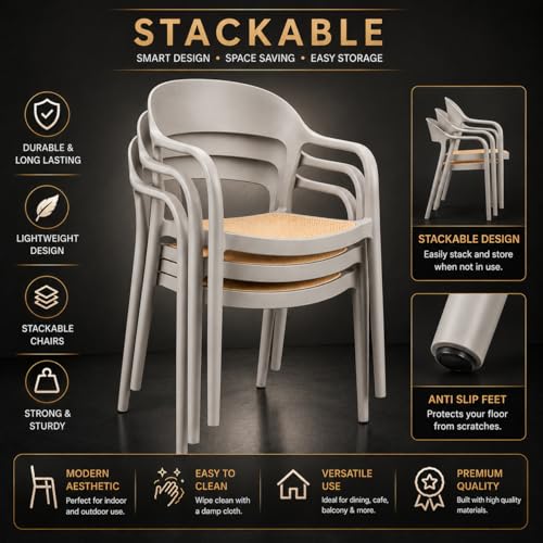 Image of Rattan Style Outdoor Chair | Set of 2 Grey Plastic Arm Chair for Garden, Balcony, Patio & Cafe | Lightweight Weather Resistant Seating | 3 Year Manufacturing Warranty