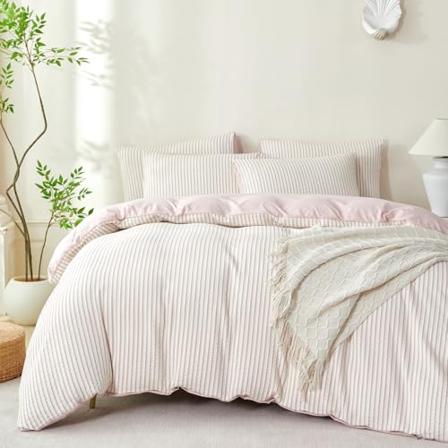 Image of Grayish Pink Striped Comforter Set Queen - 3 Pieces Bedding Comforter Set for All Season, Soft Lightweight Washed Microfiber, 1 Striped Comforter and 2 Pillowcases (Grayish Pink, Queen Size)