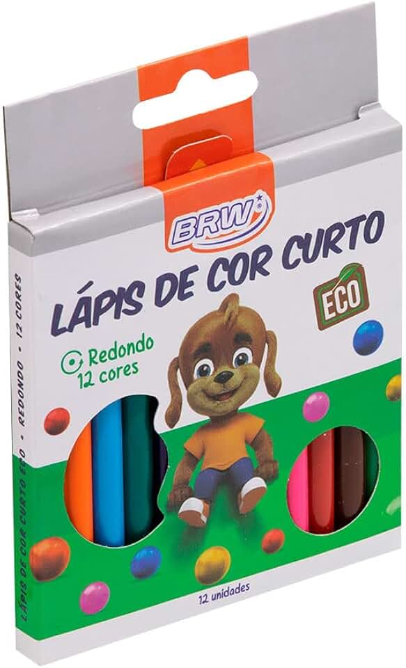 Lápis de Cor Curto 12 Cores Resina Plástica Reciclada Redondo, BRW