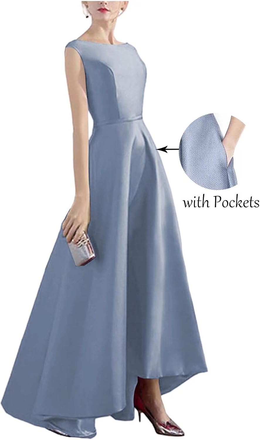 Womens Satin High Low Wedding Guest Dress Crew Neck Elegant Formal Evening Dress A Line Prom Dress - Image 2