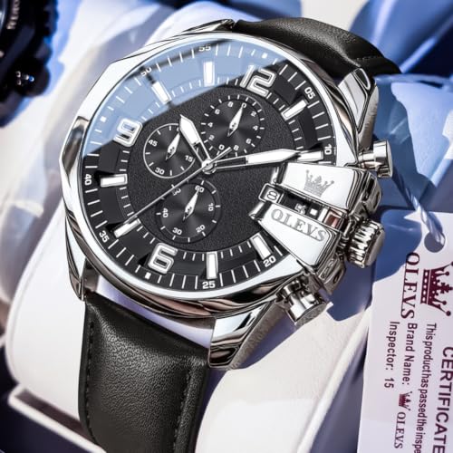 Image of OLEVS Men Watch Big Face Chronograph Waterproof Leather Strap Fashion Watch