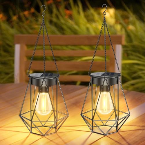 Liuyife 2 Piezas Farolas Solares Exterior Colgantes, Farol Decorativo de Metal con Bombilla LED, Linternas de Jardín con Gancho y Cadena Auto ON/OFF, IP65 Impermeable, para Jardin Patio Terraza
