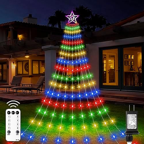 Christmas Decorations Star Lights Outdoor, 11.48ft 350 LED Waterfall Tree Lights with 8 Modes Timer Remote Plug in Christmas String Lights for Indoor Yard Patio Home Holiday Party Decor, Multicolor