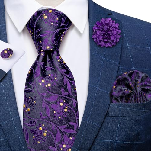 Image of DiBanGu Silk Ties for Men Necktie and Lapel Pin Brooch Set Formal Woven Paisley Plaid Striped Solid Tie Wedding Party