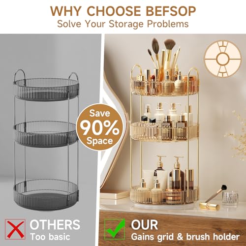 Image of 360 Rotating Makeup Organizer, Upgraded 3 Tier Skincare Perfume Organizers for Women, Bathroom Organizer Countertop, Clear Cosmetic Dresser Organizer with Makeup Brush Holder, Sink&Counter(Amber)