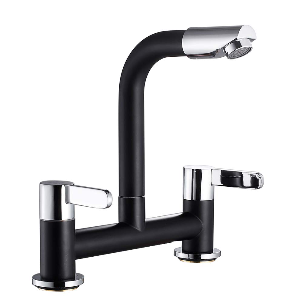 2 Hole Dual Lever Kitchen Mixer Taps with 360° Swivel Spout, Double Handle Kitchen Sink Faucet, 180MM Center Bridge Design, Deck Mounted 1/4 Turn, Brass Body Polished Finish