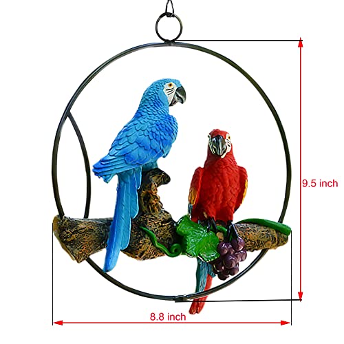 Sunnyway Hanging Parrots For Patio Resin Parrot Hanging Statue Garden Decor Perch Bird Macaw Sculpture On Metal Ring For Patio Lawn Home Garden Tree Decoration Animal Landscape Ornament (Blue&Red) #TOP3