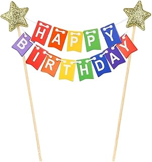 Cake Topper, Mini Happy Birthday Cake Banner, Handmade Flag Banner Cake Topper with Wooden Polls, Birthday Party Cake Decoration(Style 1)