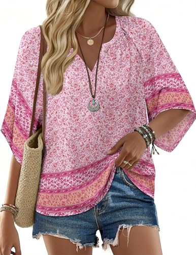Zeagoo Bluse Damen Kurzarm Casual Floral Shirts Loose Fit Baumwolle Sommershirts Sommer Freizeitblusen Tunika Top Rosa Blumen S