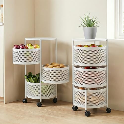 Image of Metal Multi-Purpose Trolley Kitchen Storage Organizer Rack Stand with 360 Wheels | 3 Layer Round Design | Kitchen Accessories Items for Fruit Vegetable Onion Rack for Kitchen (White)