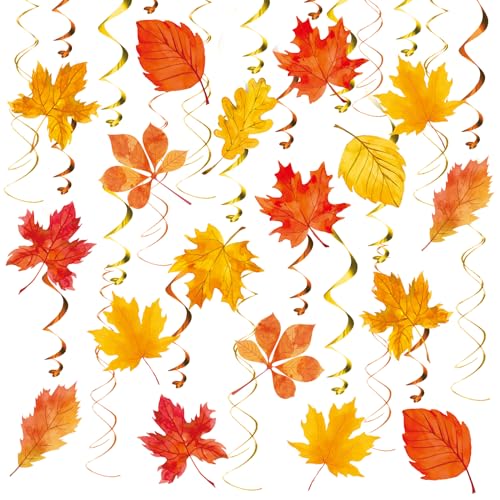 KALEFO 30Pcs Fall Decorations Autumn Hanging Swirls Thanksgiving Decoration Maple Leaf Themed Party Supplies Hanging Foil Swirl Decor for Home Ceiling Favors