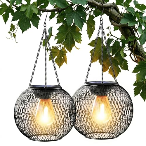 Solarlampen für Außen Hängend 2 Stück Metall Solar Laternen für Draußen mit Größer LED-Glühbirne IP65 Wasserdicht Solarleuchten Gartendeko mit Haken und Kette für Rasen Balkon Hof (2 Stück Raster)