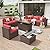 Aoxun 8 Piece Patio Furniture Set with 44” Fire Pit Table Wicker Rattan Outdoor Sectional Sofa Set with Coffee Table and Thickened Cushions, Red (Waterproof Cover Included)