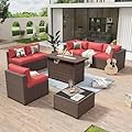 Aoxun 8 Piece Patio Furniture Set with 44” Fire Pit Table Wicker Rattan Outdoor Sectional Sofa Set with Coffee Table and Thickened Cushions, Red (Waterproof Cover Included)