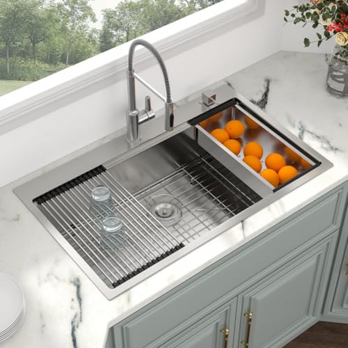 Image of Kichae 36 Inch Drop in Kitchen Sink - 36x22 Drop Sink 16 Gauge Stainless Steel Ledge Workstation Single Bowl Topmount Overmount Handmade Basin