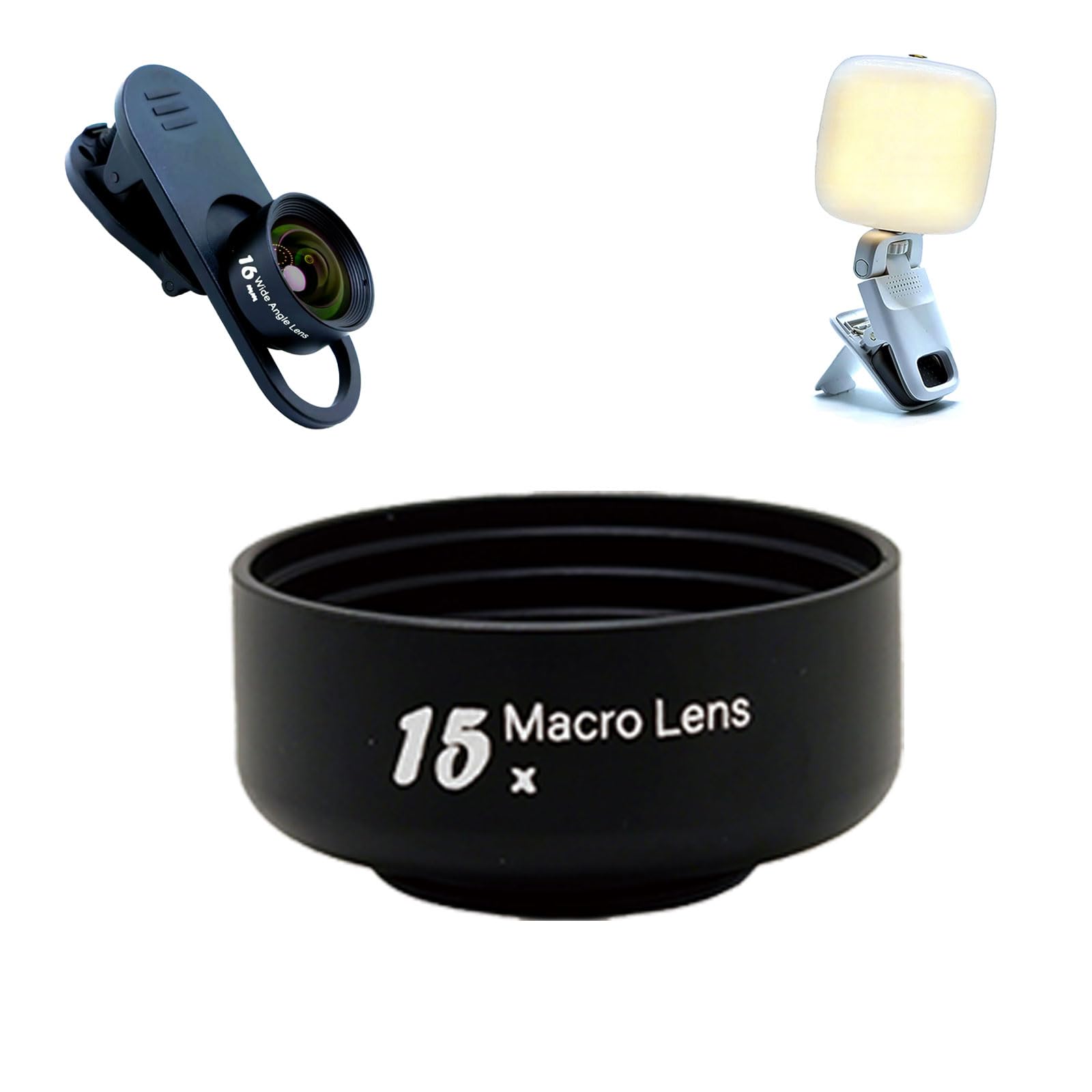 FotoZ - Kit de lentes de fotografía profesional con luz de relleno LED recargable, lente gran angular, lente macro, clip plano, funda de transporte para iPhone, Android, smartphone, tableta y portátil