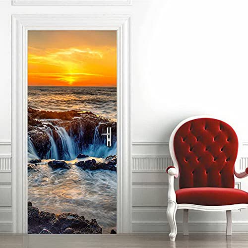 A.Monamour Sticker Porte Autocollant Poster De Porte 3D Plage Océan Coucher De Soleil Nature Paysages Vinyle Affiche De Porte Sticker Mural Papier Peint Art Décor 95 x 215 cm