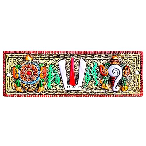 Image of FLAIMYST Shank Chakra Tilak for Door Entrance in Aluminium Metal, Tirupati Door Wall Hanging Shankh Chakra Namah Decorative for Home, Office, Room, Religious House Warming (Gold Plating Multicolor)