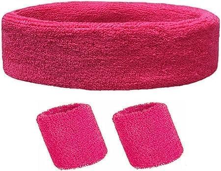 TRIXES 3PCS Pink Sweatband Set - Headband and Wristband Set for Exercise Fancy Dress and More