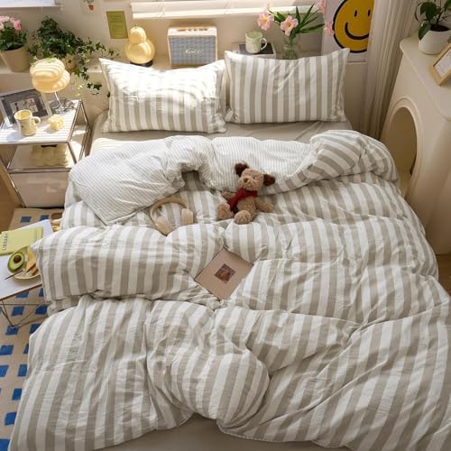 Freyamy Gestreifte Bettwäsche 135x200 Khaki Weiß Gestreift Bettwäsche Set | Aesthetic Wendebettwäsche Streifen, 2teilig, Microfaser ÖKO-TEX Bettbezug mit Reißverschluss und 1 Kisse