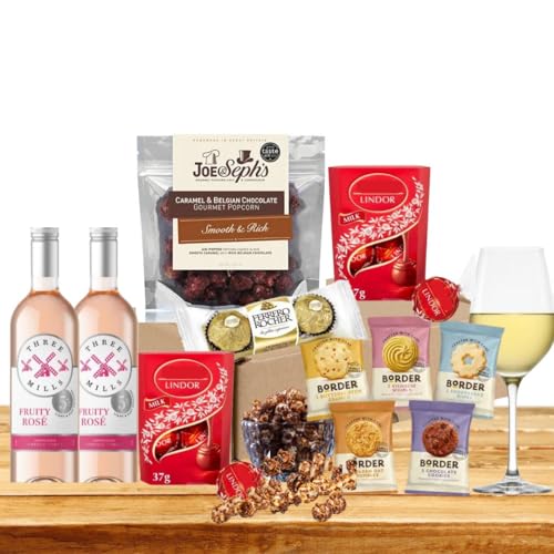 Chocolate Hamper & Rosé Wine Gift Set- Ferreros Rochers, Almond Biscuits & Lindts Lindor Assorted Truffles and Popcorn