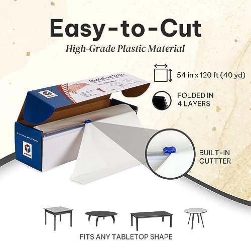 Amatra All-Purpose Plastic Table Cover Roll With Self-Cutter, Alternative To Regular Tablecloth, Disposable Table Cover, Plastic Table Cloth, 54 Inches X 120 Feet (40 Yards), White #TOP3