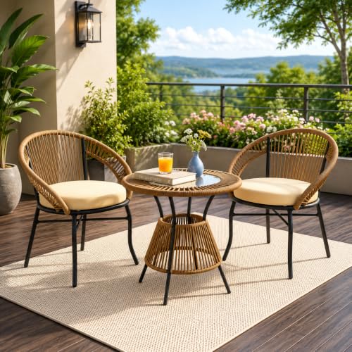 3-Piece Outdoor Bistro Set with Rattan Chairs and Glass Table